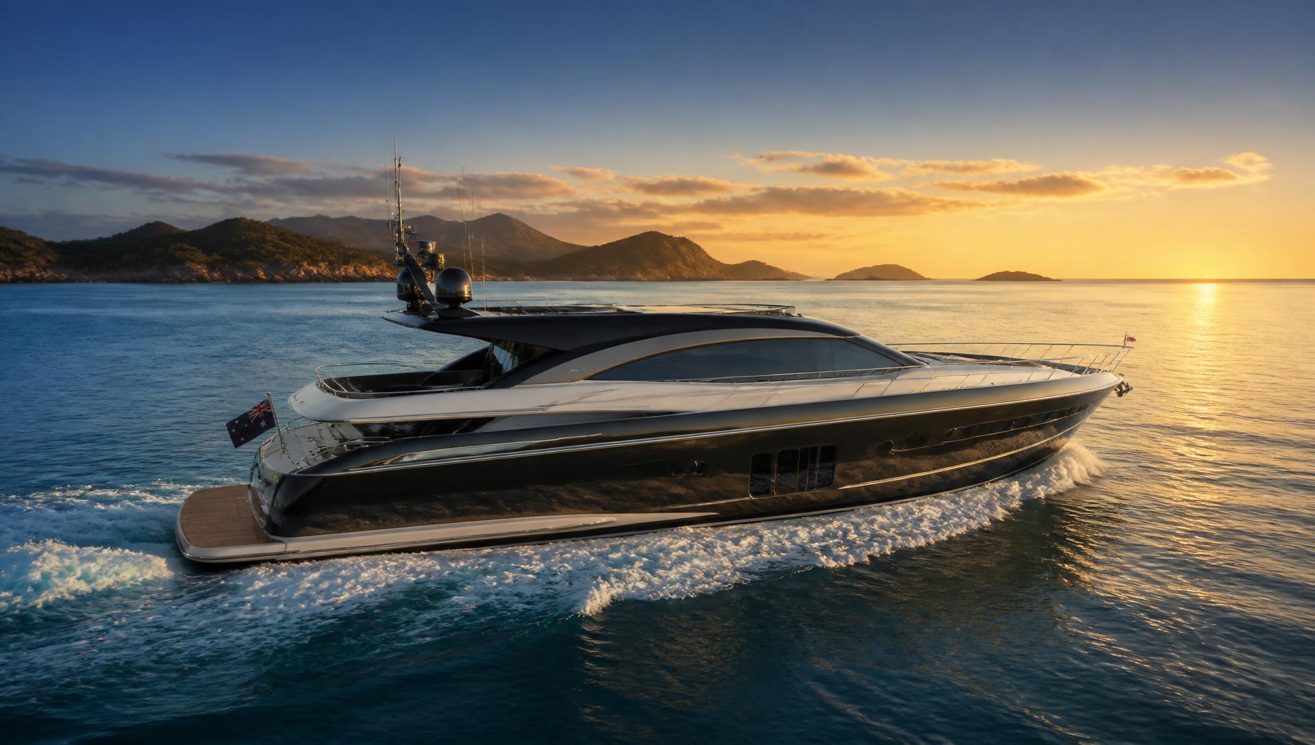 Premium motor yacht at golden hour